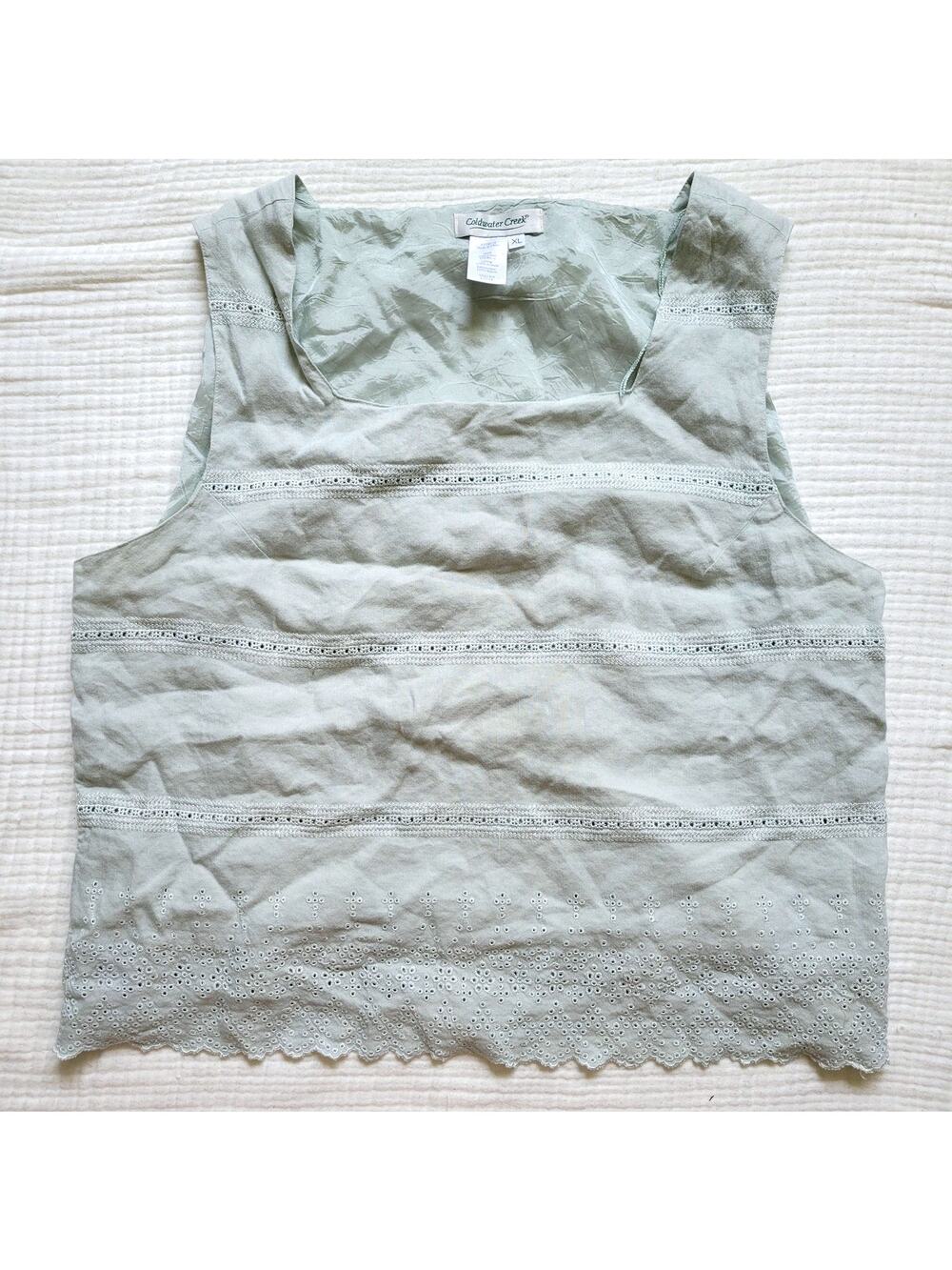 Y2K Coldwater Creek Womens XL Linen Top Sleeveless Seafoam Green Woven Eyelet